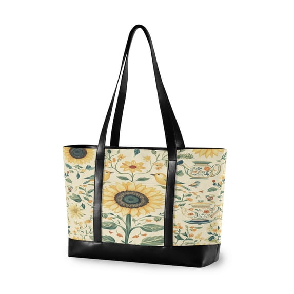 FORMRS Canvas Laptop Tote Bag for Women with 15.6" Computer Compartments Shoulder Handbag, Floral Birds Pattern