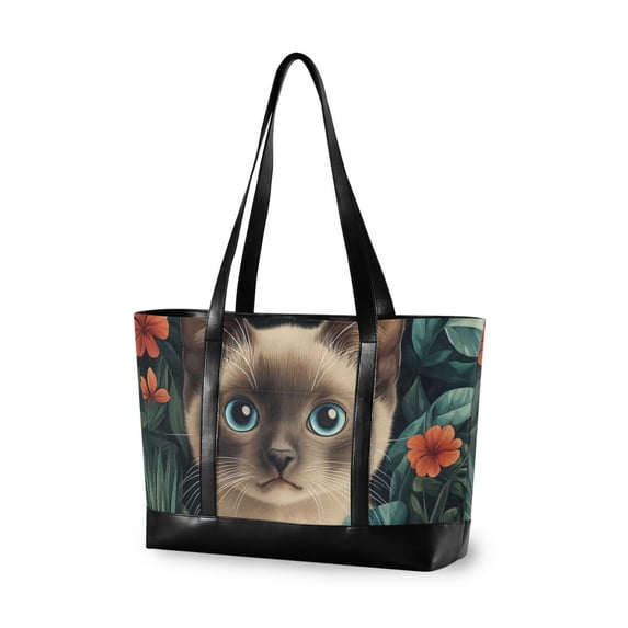 FORMRS Canvas Laptop Tote Bag for Women with 15.6" Computer Compartments Shoulder Handbag, Flowers and Cat