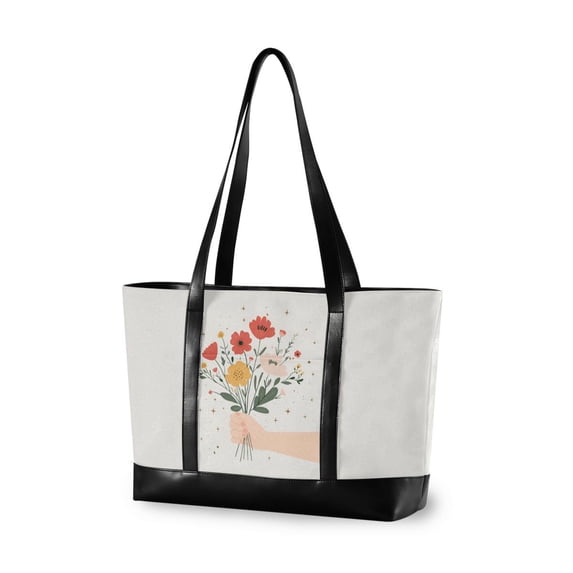 FORMRS Canvas Laptop Tote Bag for Women with 15.6" Computer Compartments Shoulder Handbag, Gray Cute Flower