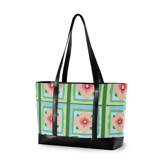 FORMRS Canvas Laptop Tote Bag for Women with 15.6" Computer Compartments Shoulder Handbag, Green Blossom Mosaic
