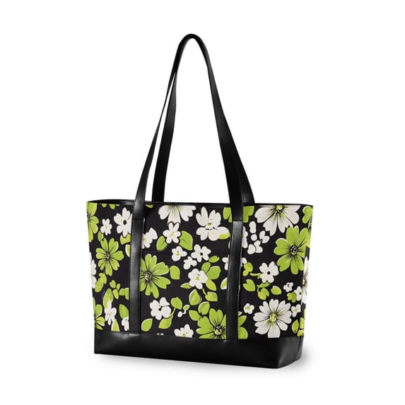 FORMRS Canvas Laptop Tote Bag for Women with 15.6" Computer Compartments Shoulder Handbag, Green Flower Pattern