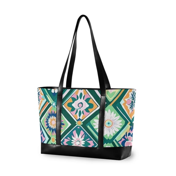 FORMRS Canvas Laptop Tote Bag for Women with 15.6" Computer Compartments Shoulder Handbag, Green Geometric Flowers