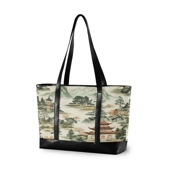 FORMRS Canvas Laptop Tote Bag for Women with 15.6" Computer Compartments Shoulder Handbag, Green Mountain Pattern
