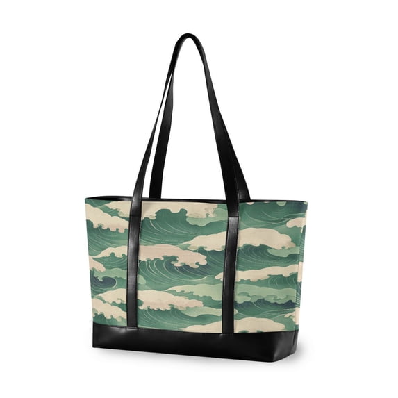 FORMRS Canvas Laptop Tote Bag for Women with 15.6" Computer Compartments Shoulder Handbag, Green Wave Pattern