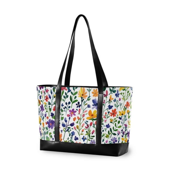 FORMRS Canvas Laptop Tote Bag for Women with 15.6" Computer Compartments Shoulder Handbag, Green Wildflower Pattern