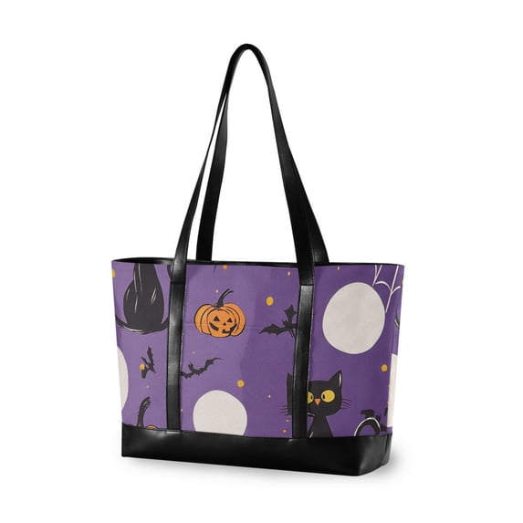 FORMRS Canvas Laptop Tote Bag for Women with 15.6" Computer Compartments Shoulder Handbag, Halloween Black Cat