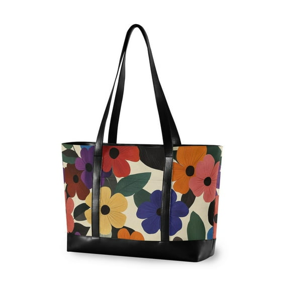FORMRS Canvas Laptop Tote Bag for Women with 15.6" Computer Compartments Shoulder Handbag, Large Colorful Flowers Pattern
