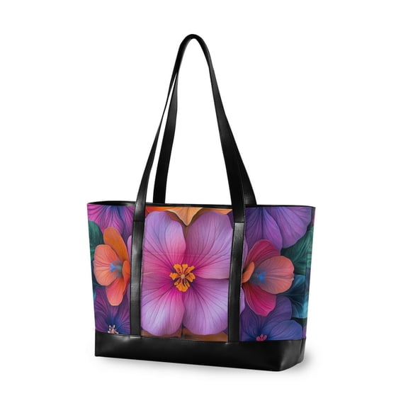FORMRS Canvas Laptop Tote Bag for Women with 15.6" Computer Compartments Shoulder Handbag, Large Purple Flowers