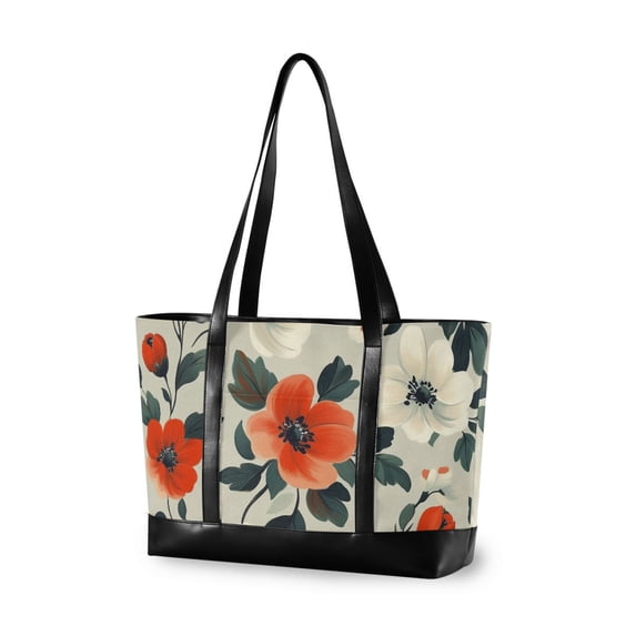 FORMRS Canvas Laptop Tote Bag for Women with 15.6" Computer Compartments Shoulder Handbag, Large Red Floral Pattern