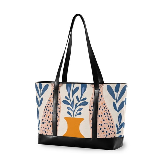 FORMRS Canvas Laptop Tote Bag for Women with 15.6" Computer Compartments Shoulder Handbag, Leopards Leaves