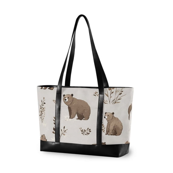 FORMRS Canvas Laptop Tote Bag for Women with 15.6" Computer Compartments Shoulder Handbag, Light Gray Bears