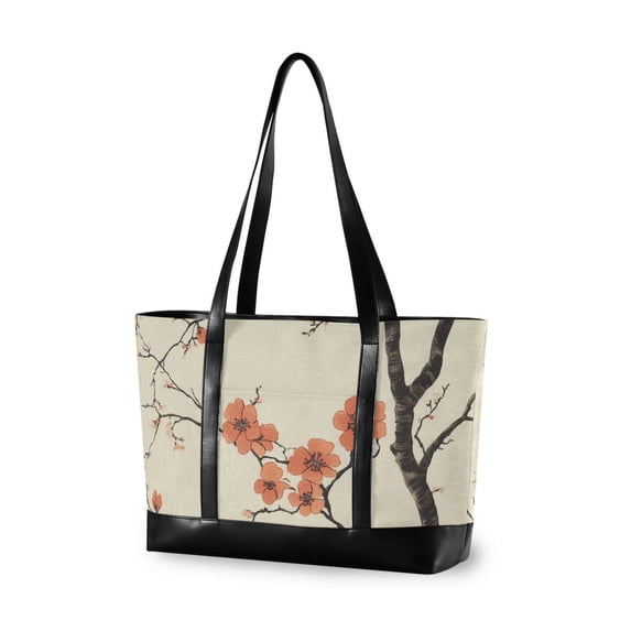 FORMRS Canvas Laptop Tote Bag for Women with 15.6" Computer Compartments Shoulder Handbag, Light Red Flowers