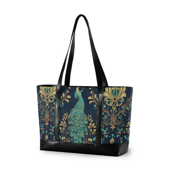 FORMRS Laptop Tote Bag for Women with 15.6" Computer Compartments Handbag, Navy Blue Peacock Pattern