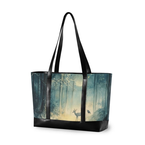 FORMRS Canvas Laptop Tote Bag for Women with 15.6" Computer Compartments Shoulder Handbag, Night Forest Scene