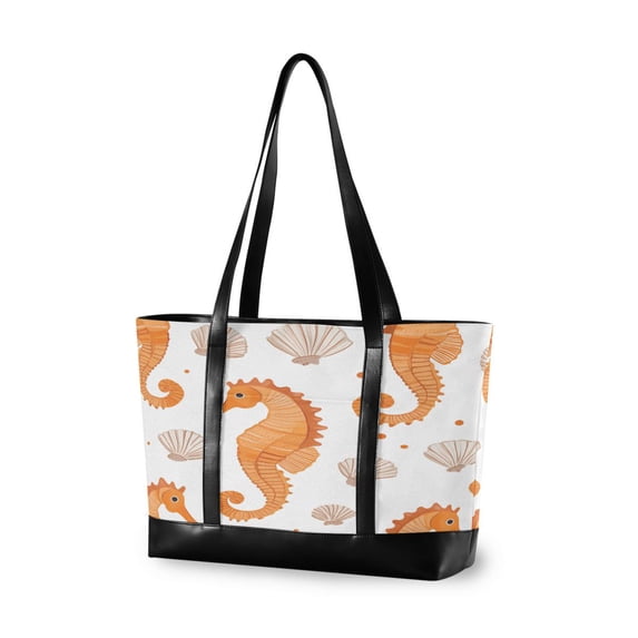 FORMRS Canvas Laptop Tote Bag for Women with 15.6" Computer Compartments Shoulder Handbag, Orange Seahorse