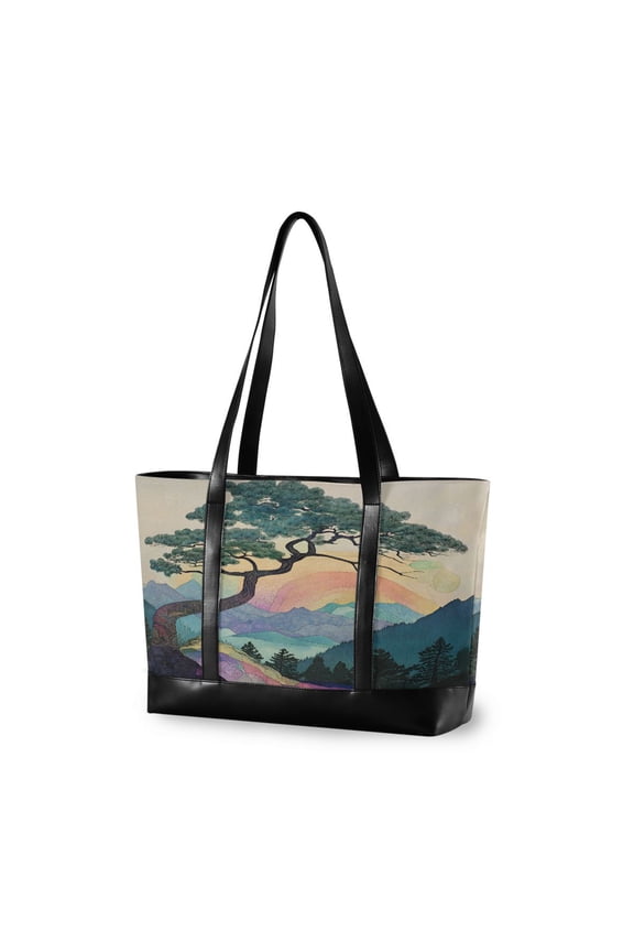 Canvas Laptop Tote Bag for Women with 15.6" Computer Compartments Shoulder Handbag, Pine Tree Rainbow