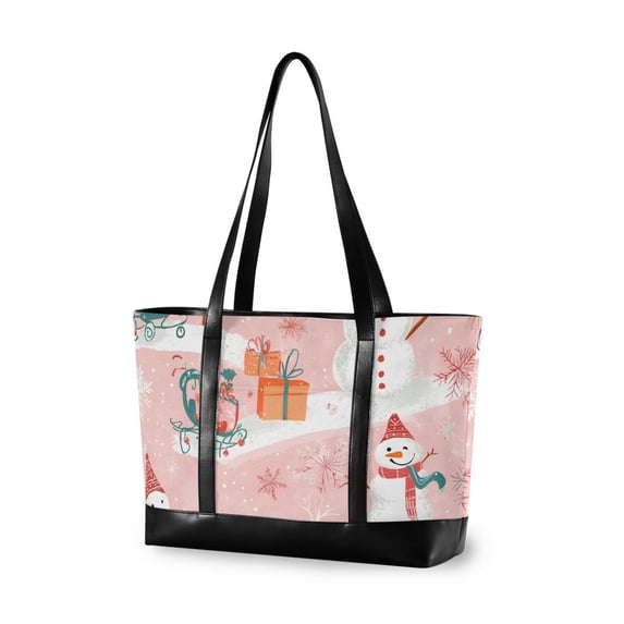 FORMRS Canvas Laptop Tote Bag for Women with 15.6" Computer Compartments Shoulder Handbag, Pink Christmas Snowman