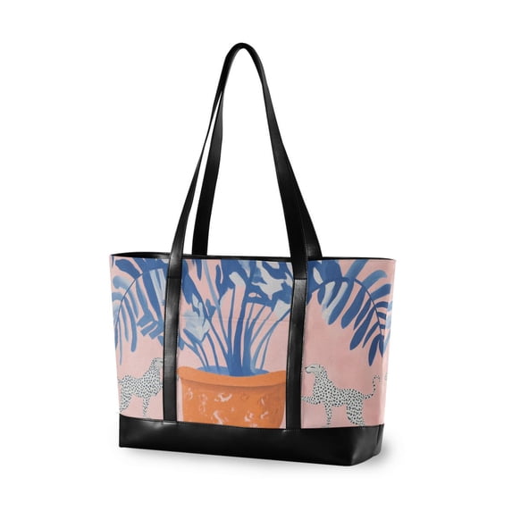 FORMRS Canvas Laptop Tote Bag for Women with 15.6" Computer Compartments Shoulder Handbag, Pink Leaves