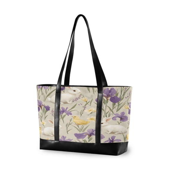 FORMRS Canvas Laptop Tote Bag for Women with 15.6" Computer Compartments Shoulder Handbag, Purple Floral Rabbit