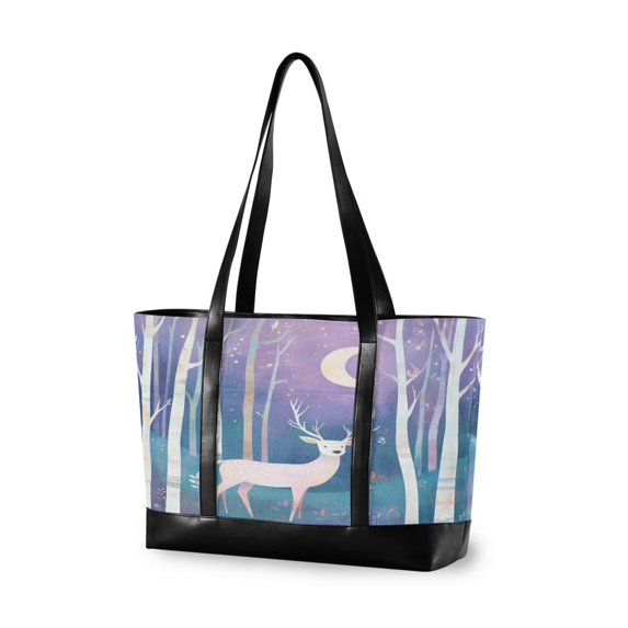 FORMRS Canvas Laptop Tote Bag for Women with 15.6" Computer Compartments Shoulder Handbag, Purple Night Deer