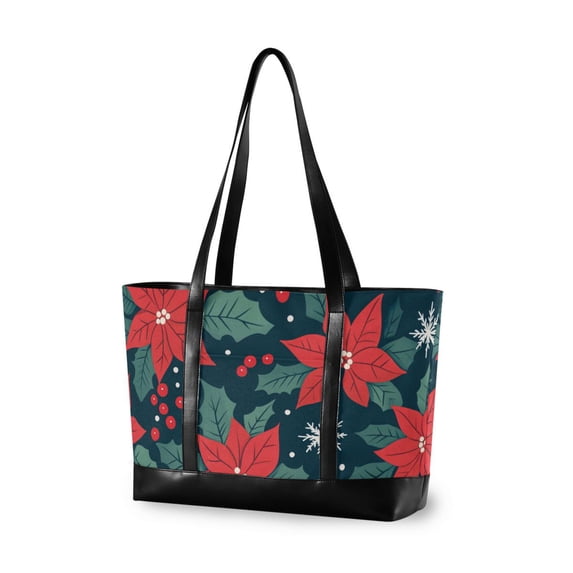FORMRS Canvas Laptop Tote Bag for Women with 15.6" Computer Compartments Shoulder Handbag, Red Christmas Leaves