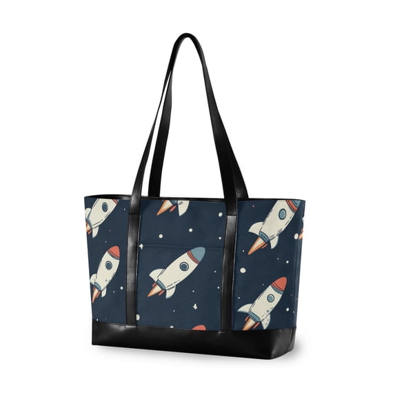 FORMRS Canvas Laptop Tote Bag for Women with 15.6" Computer Compartments Shoulder Handbag, Rocket Pattern