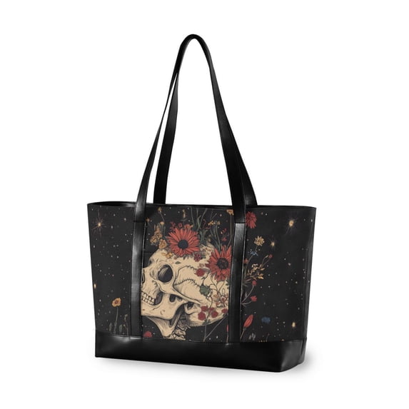 FORMRS Canvas Laptop Tote Bag for Women with 15.6" Computer Compartments Shoulder Handbag, Skeleton with Flowers Pattern