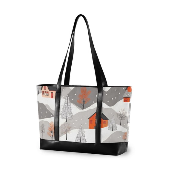 FORMRS Canvas Laptop Tote Bag for Women with 15.6" Computer Compartments Shoulder Handbag, Snow Cartoon Houses