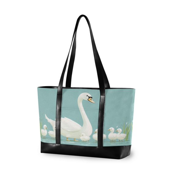 FORMRS Canvas Laptop Tote Bag for Women with 15.6" Computer Compartments Shoulder Handbag, White Cartoon Swan