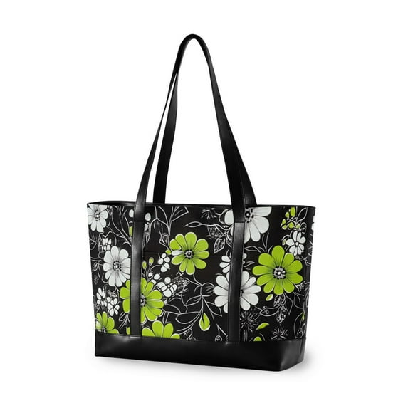 FORMRS Canvas Laptop Tote Bag for Women with 15.6" Computer Compartments Shoulder Handbag, White Flower Pattern