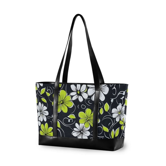 FORMRS Canvas Laptop Tote Bag for Women with 15.6" Computer Compartments Shoulder Handbag, White Flower Pattern