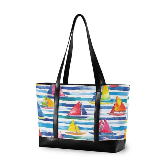FORMRS Canvas Laptop Tote Bag for Women with 15.6" Computer Compartments Shoulder Handbag, Yellow Hand Drawn Sailboats
