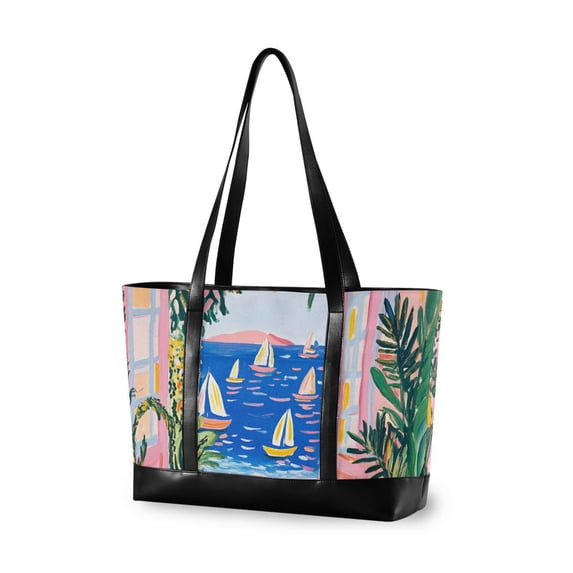 FORMRS Canvas Laptop Tote Bag for Women with 15.6" Computer Compartments Shoulder Handbag, Yellow Seaside