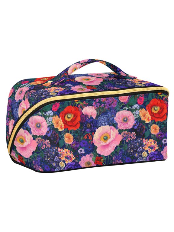 Makeup Bag Travel Cosmetic Organizer for Women Fold Flat Zipper Pouch with Handle, Beautiful Floral Pattern