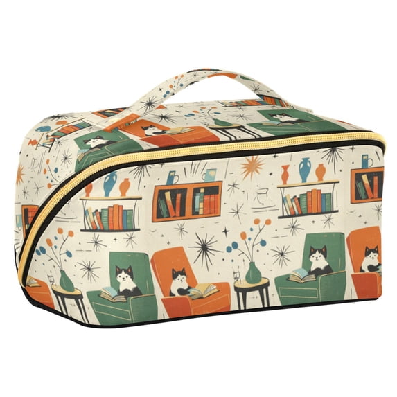 FORMRS Makeup Bag Travel Cosmetic Organizer for Women Fold Flat Zipper Pouch with Handle, Beige Cats Reading