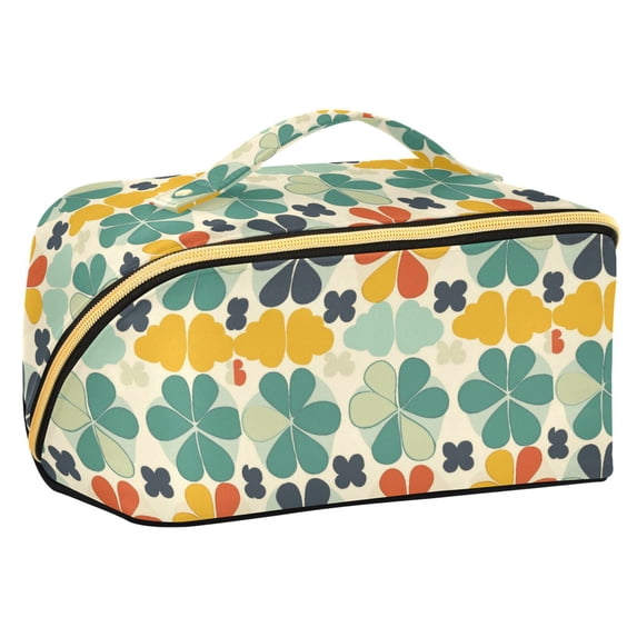 FORMRS Makeup Bag Travel Cosmetic Organizer for Women Fold Flat Zipper Pouch with Handle, Beige Clover Pattern