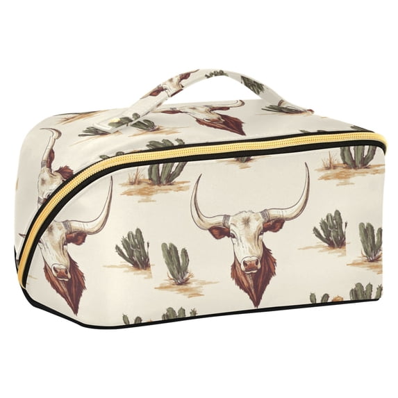 FORMRS Makeup Bag Travel Cosmetic Organizer for Women Fold Flat Zipper Pouch with Handle, Beige Cowboy Pattern