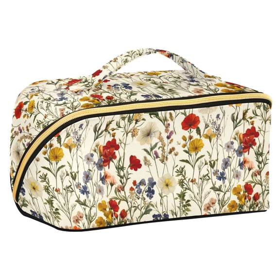 FORMRS Makeup Bag Travel Cosmetic Organizer for Women Fold Flat Zipper Pouch with Handle, Beige Floral