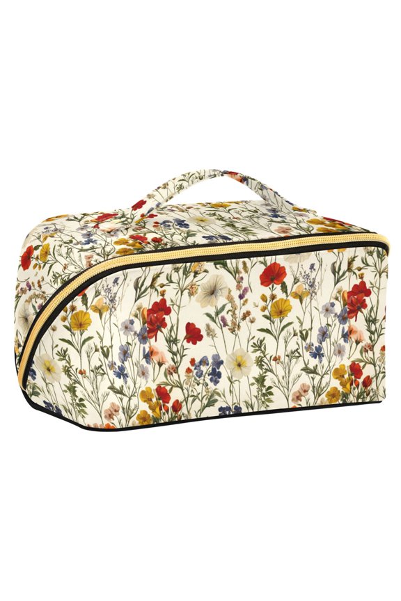 Makeup Bag Travel Cosmetic Organizer for Women Fold Flat Zipper Pouch with Handle, Beige Floral