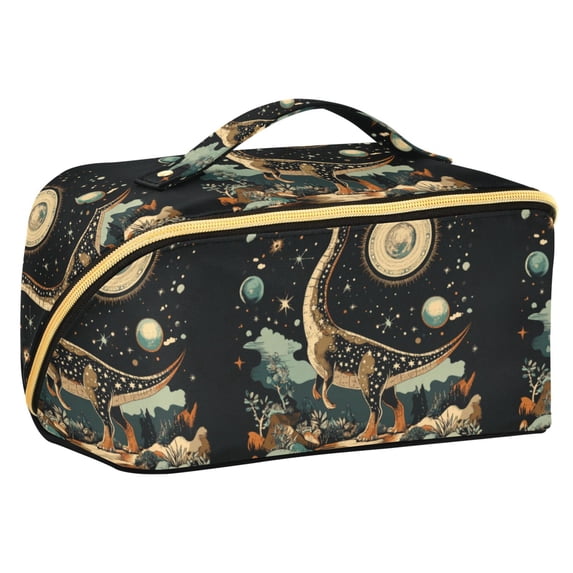 FORMRS Makeup Bag Travel Cosmetic Organizer for Women Fold Flat Zipper Pouch with Handle, Black Dinosaur