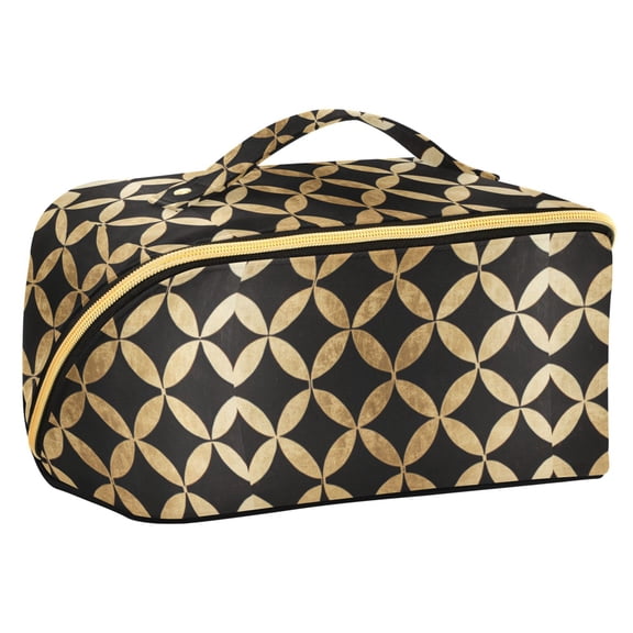 FORMRS Makeup Bag Travel Cosmetic Organizer for Women Fold Flat Zipper Pouch with Handle, Black Geometric
