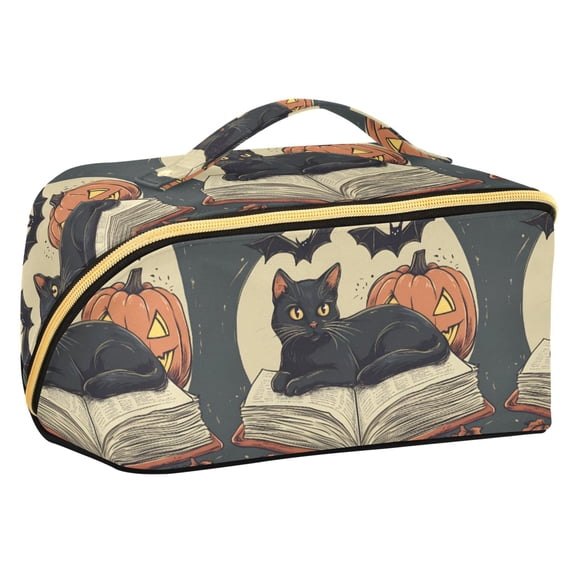 FORMRS Makeup Bag Travel Cosmetic Organizer for Women Fold Flat Zipper Pouch with Handle, Black Halloween Cat