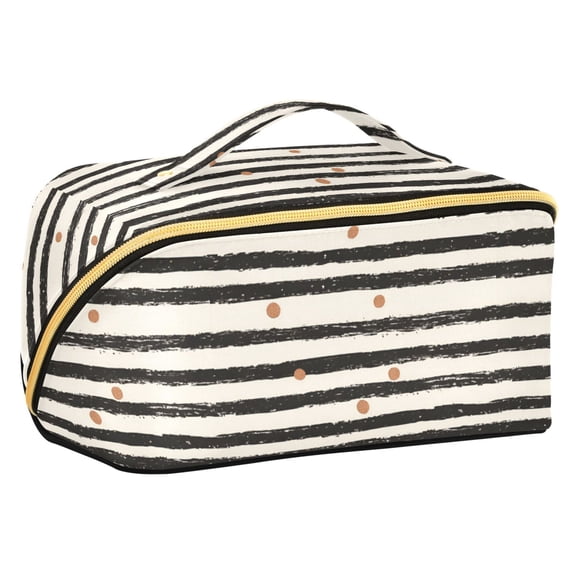 FORMRS Makeup Bag Travel Cosmetic Organizer for Women Fold Flat Zipper Pouch with Handle, Black Stripes