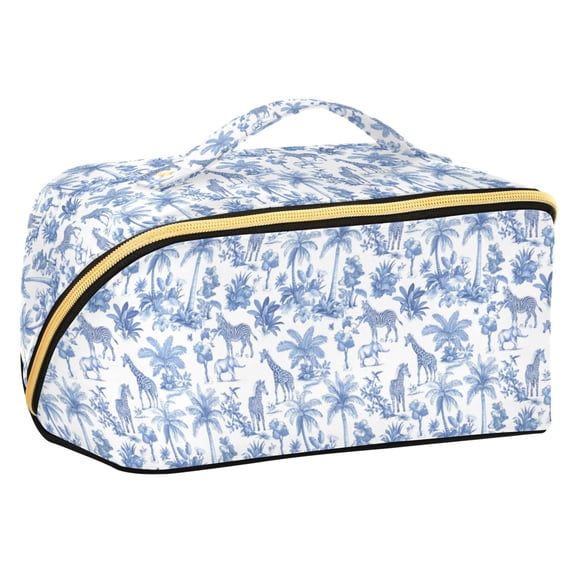 FORMRS Makeup Bag Travel Cosmetic Organizer for Women Fold Flat Zipper Pouch with Handle, Blue Animals Pattern