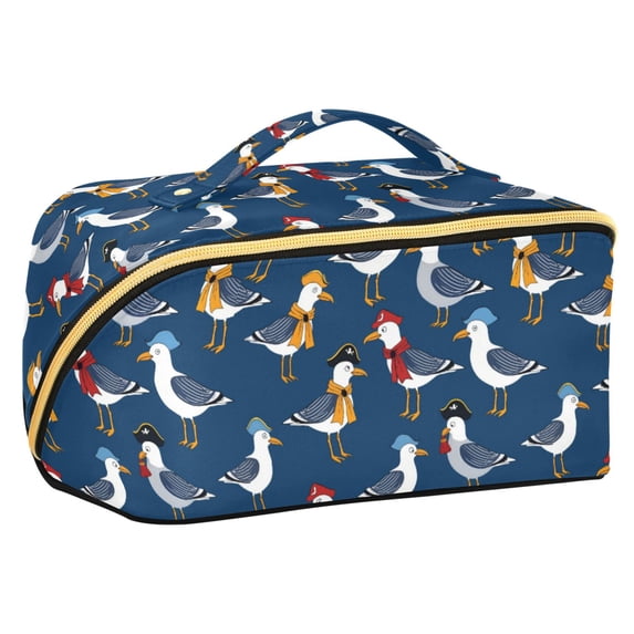 FORMRS Makeup Bag Travel Cosmetic Organizer for Women Fold Flat Zipper Pouch with Handle, Blue Cartoon Birds Pattern
