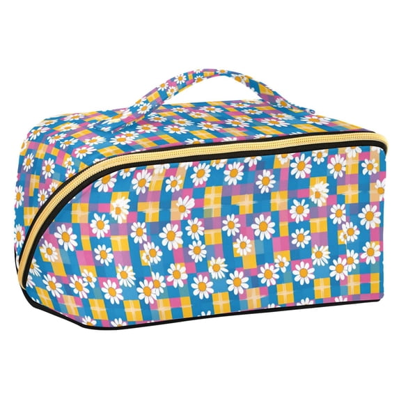 FORMRS Makeup Bag Travel Cosmetic Organizer for Women Fold Flat Zipper Pouch with Handle, Blue Checkered Daisy