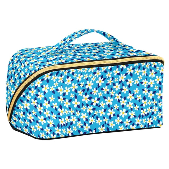 FORMRS Makeup Bag Travel Cosmetic Organizer for Women Fold Flat Zipper Pouch with Handle, Blue Daisy Pattern