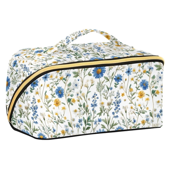 FORMRS Makeup Bag Travel Cosmetic Organizer for Women Fold Flat Zipper Pouch with Handle, Blue Floral