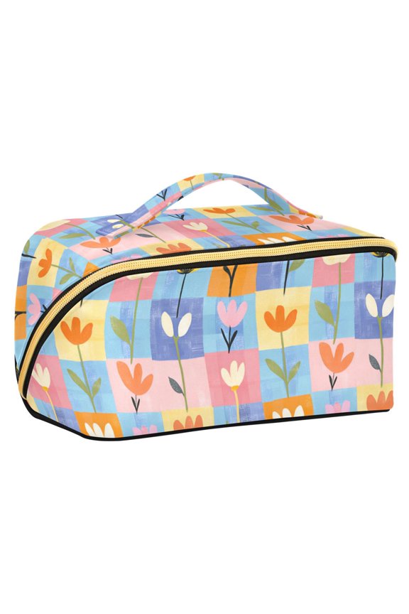 Makeup Bag Travel Cosmetic Organizer for Women Fold Flat Zipper Pouch with Handle, Blue Flowers
