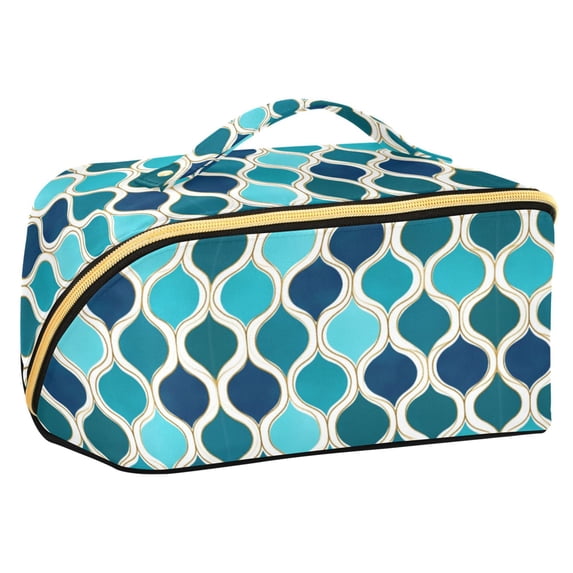 FORMRS Makeup Bag Travel Cosmetic Organizer for Women Fold Flat Zipper Pouch with Handle, Blue Geometric Pattern